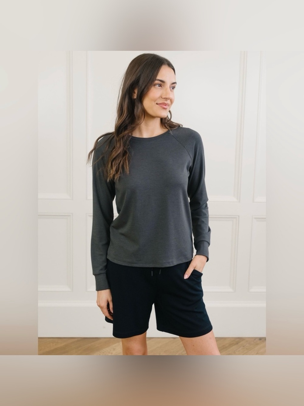 Cozy Earth Brushed Bamboo Raglan Pullover Crew Sweatshirt Charcoal Grey Wmn XXL